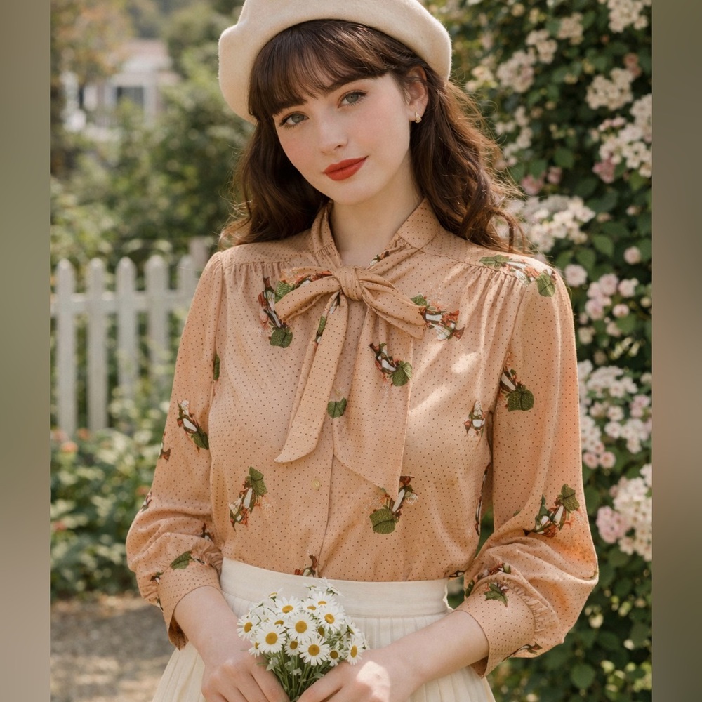 Vintage Peach Floral Bow-Tie Blouse